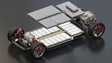 Explode view of electric vehicle chassis equipped with battery pack on the road. 3D rendering image.