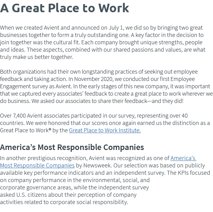 A Great Place to Work When we created Avient and announced on July 1, we did so by bringing two great businesses toge   